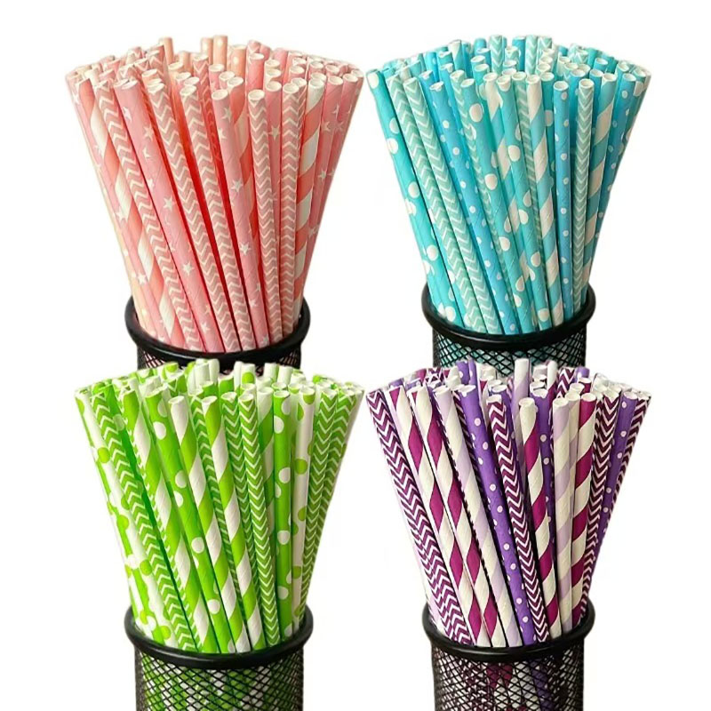 Paper Straw Color - 100 одноразовых биоразлагаемых полосатых бумажных трубочек,